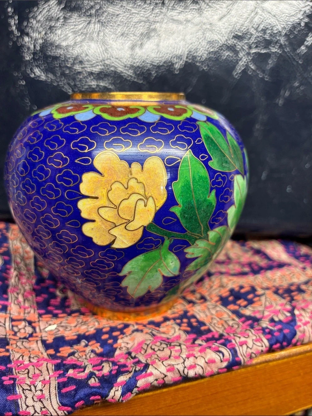 Cobalt Blue Floral Cloisonné Vase - Decorative Home Accent